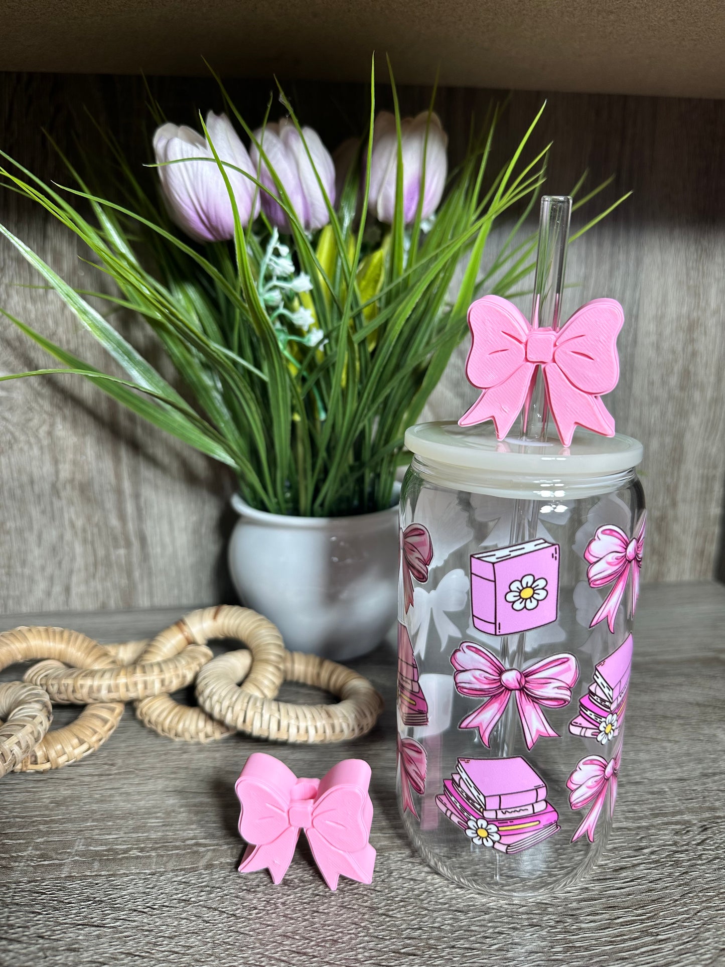 Pink Bow Straw Topper