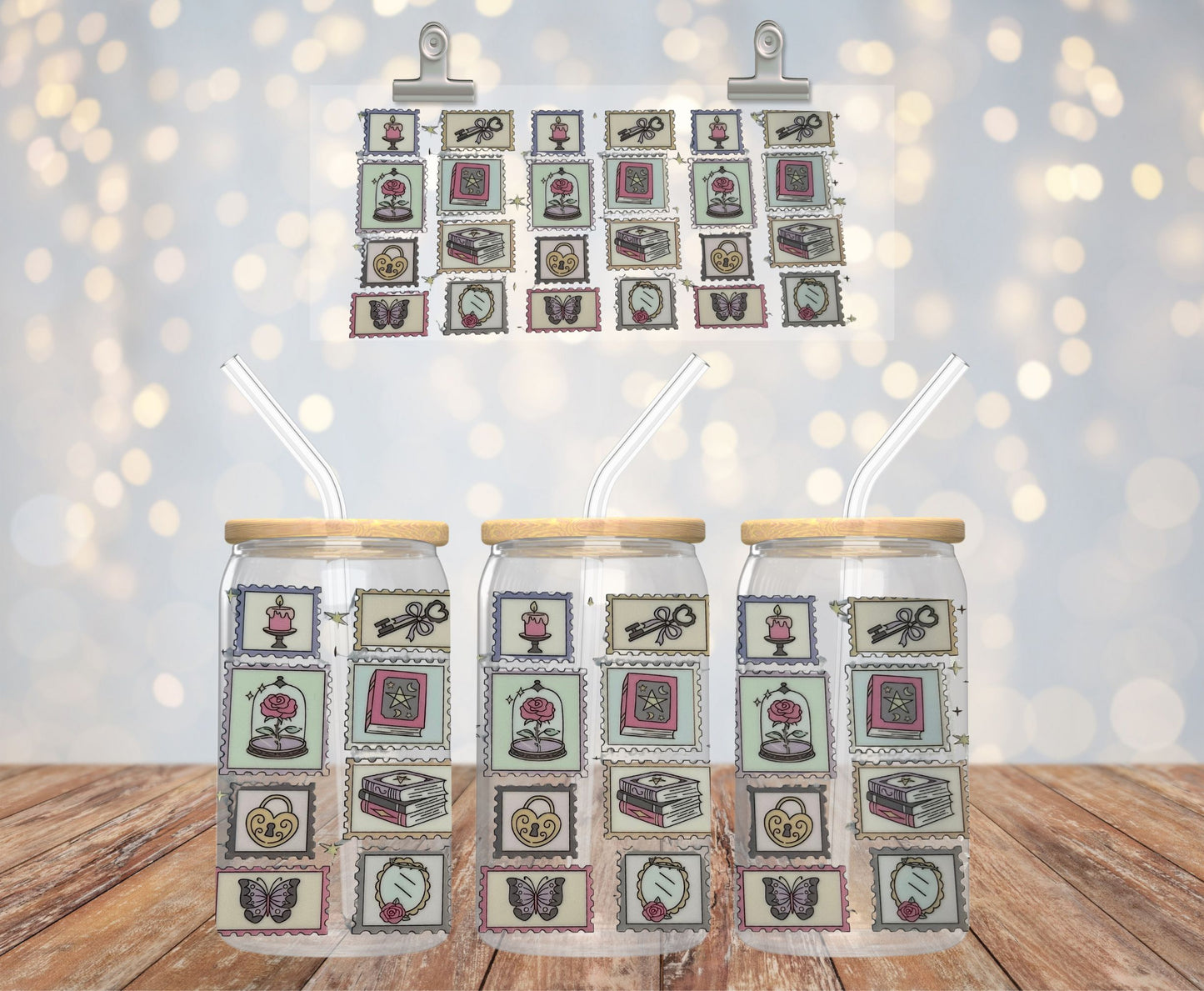 Bookish Stamps Glass Cup