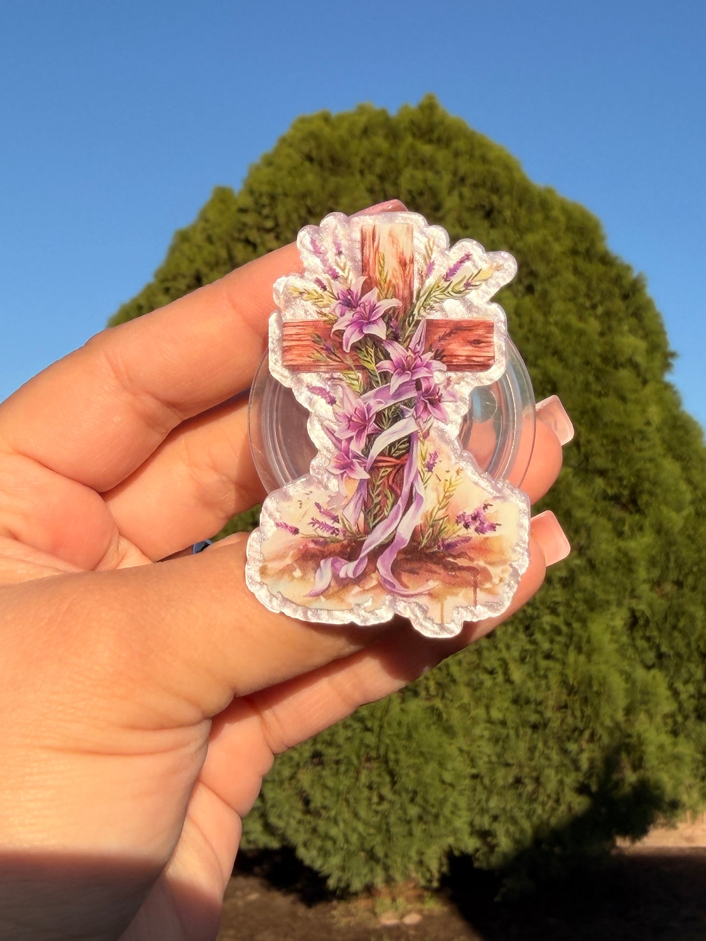 Cross With Purple Flowers E-Reader/Phone Grip