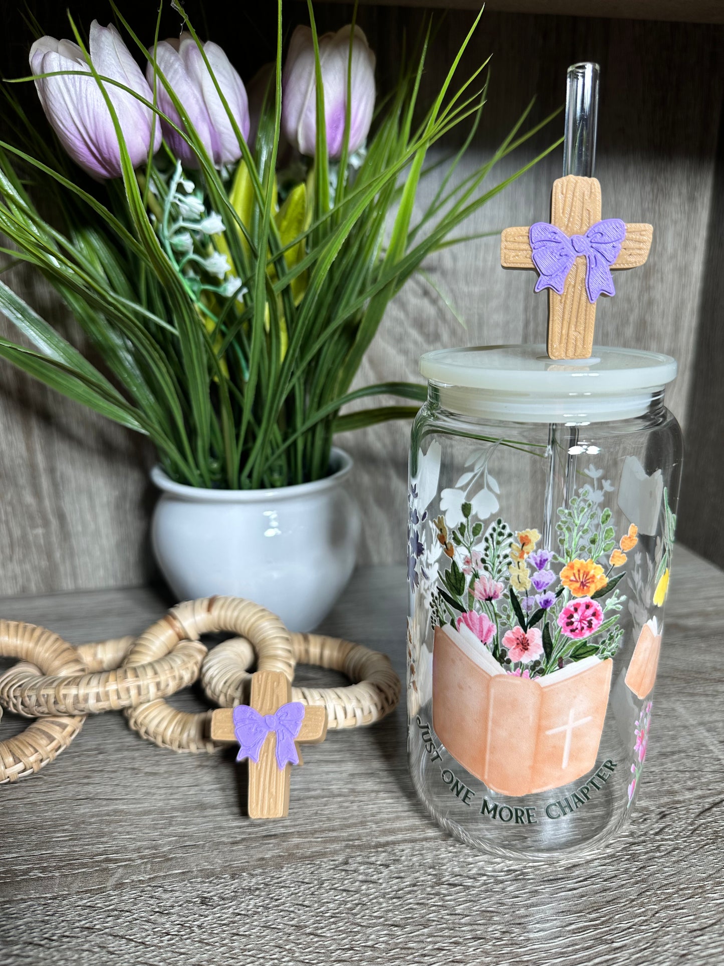 Brown Cross - Purple Bow Straw Topper