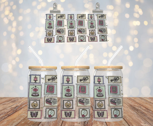 Bookish Stamps Glass Cup