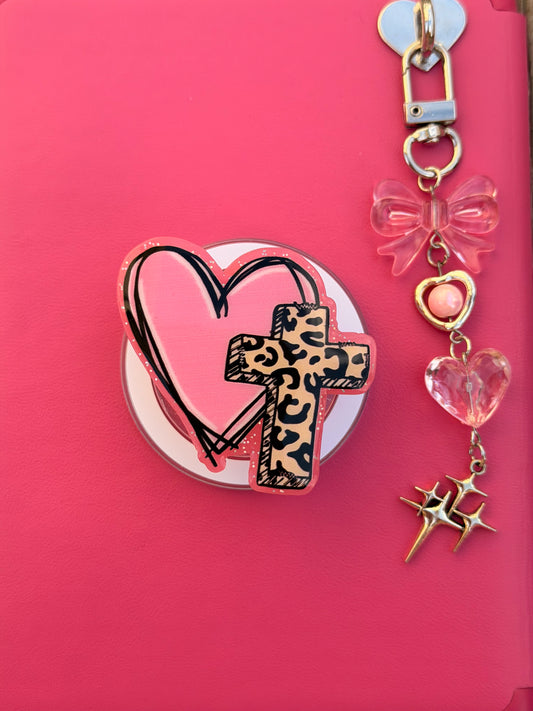 Cheetah Cross with Heart Magnetic/Adhesive E-Reader/Phone Grip