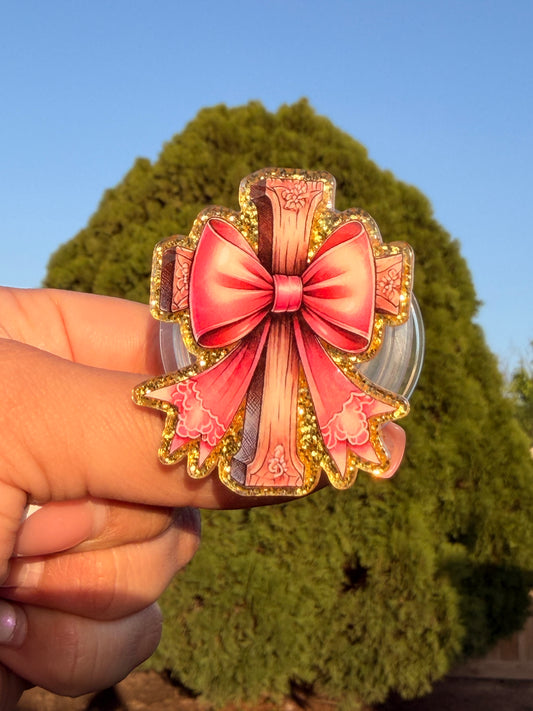 Cross with pink bow E-Reader/Phone Grip