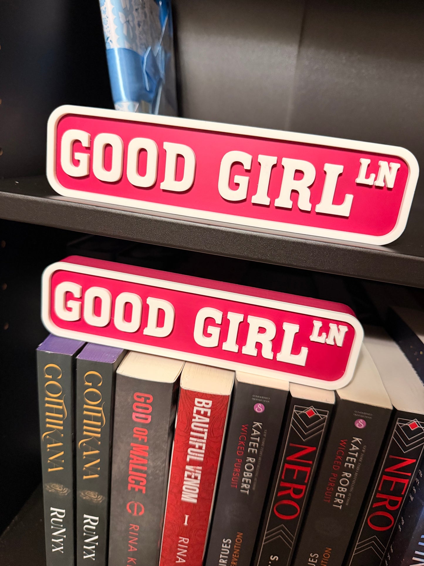 Good Girl Ln 3D Printed Bookshelf Sign
