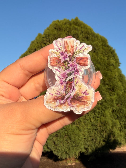 Cross With Purple Flowers E-Reader/Phone Grip