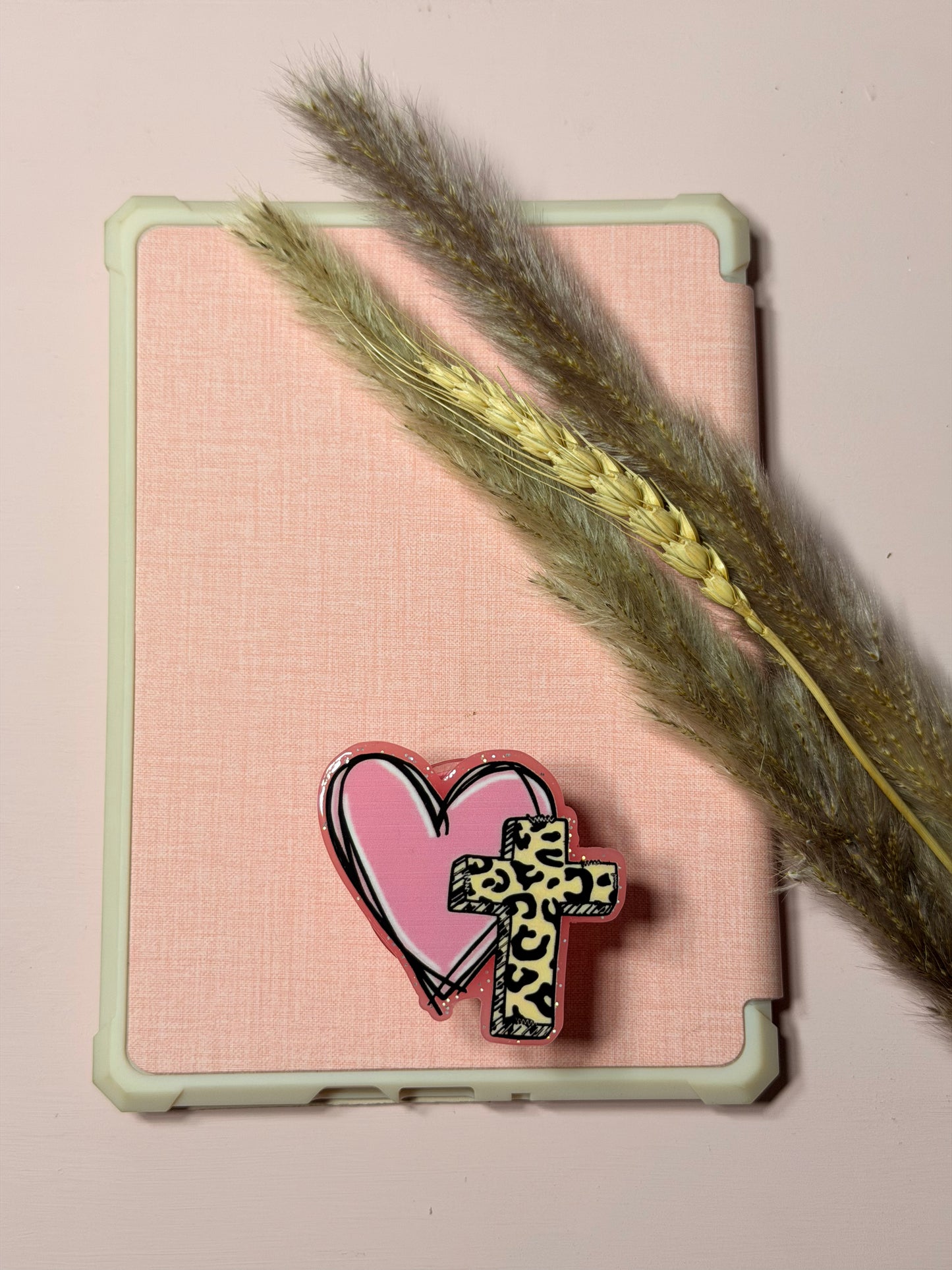 Cheetah Cross with Heart Magnetic/Adhesive E-Reader/Phone Grip